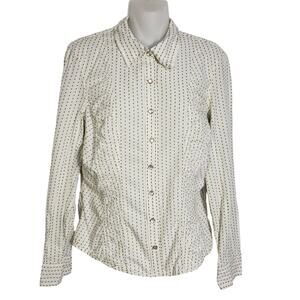 Jones Wear Jeans Womens Top Medium Pearl Snaps Polka Dot White Green Long Sleeve